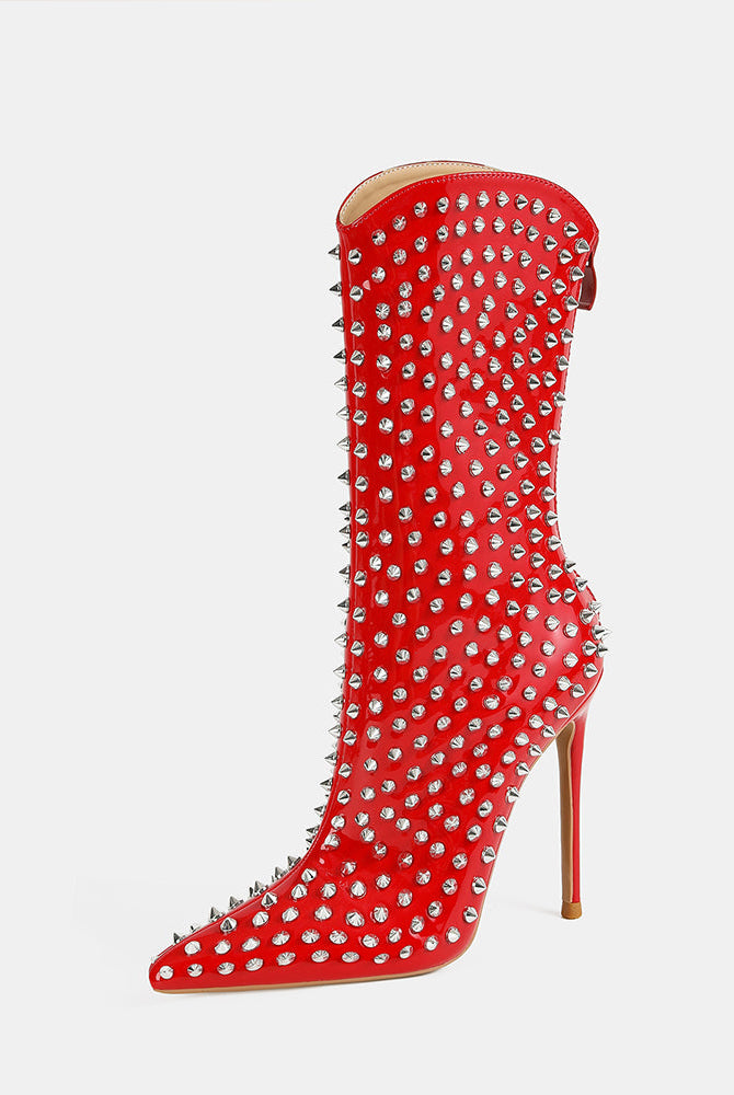 Red mid-calf stiletto boot with pointed toe and silver spike studs