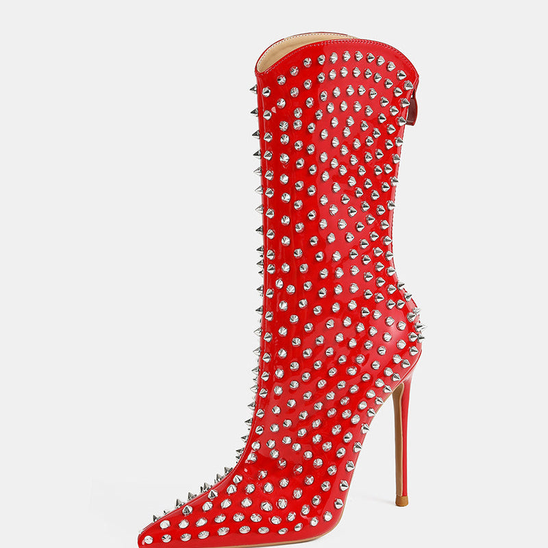 Red mid-calf stiletto boot with pointed toe and silver spike studs