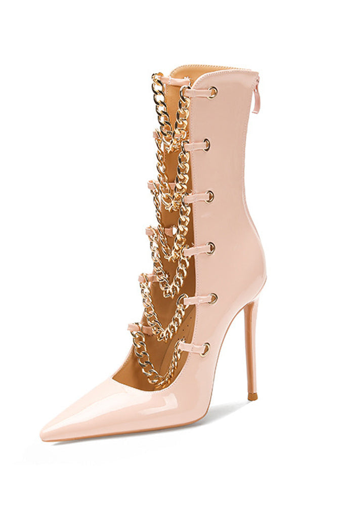 Light pink patent stiletto ankle boot with gold chain strap detail and pointed toe.