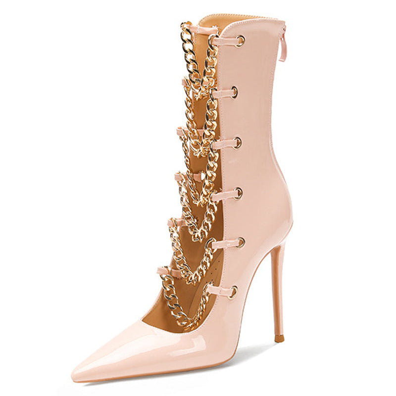 Light pink patent stiletto ankle boot with gold chain strap detail and pointed toe.