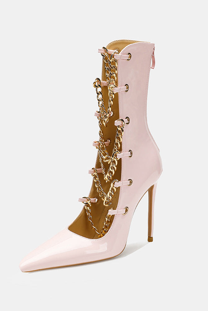 Light pink patent stiletto ankle boot with gold chain lace detail and slim heel.