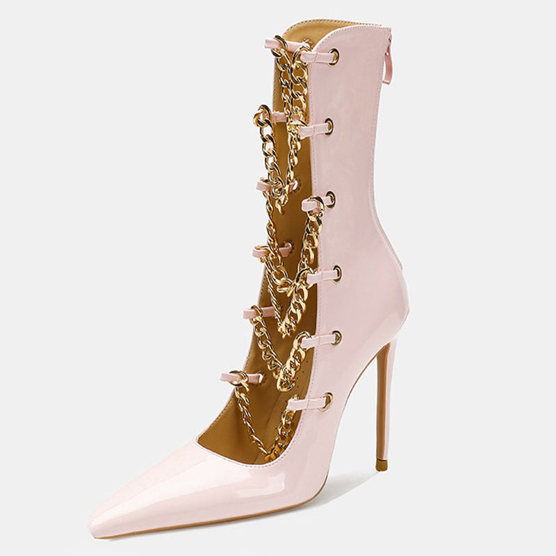 Light pink patent stiletto ankle boot with gold chain lace detail and slim heel.