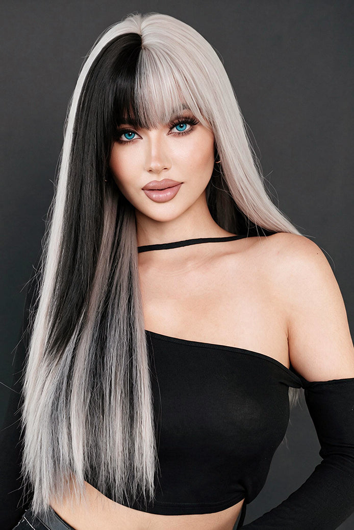 Long Straight Split Color Bangs Wig with Hair Net - Black and White
