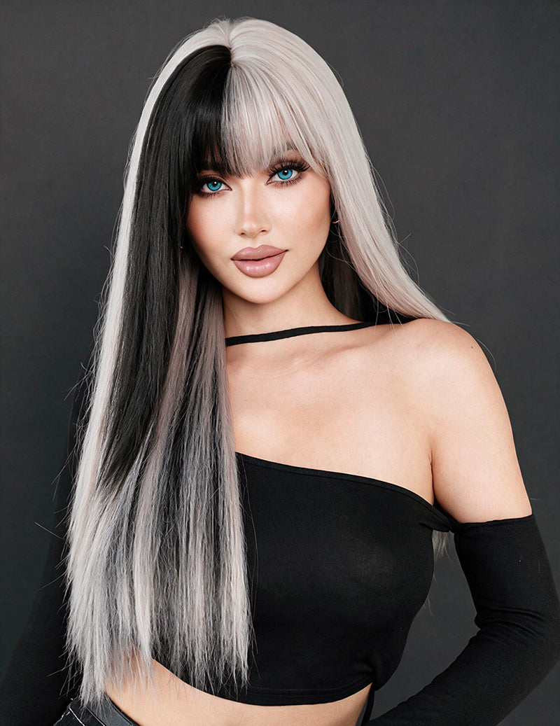 Long straight split-color wig with side-swept black and white bangs, angled view