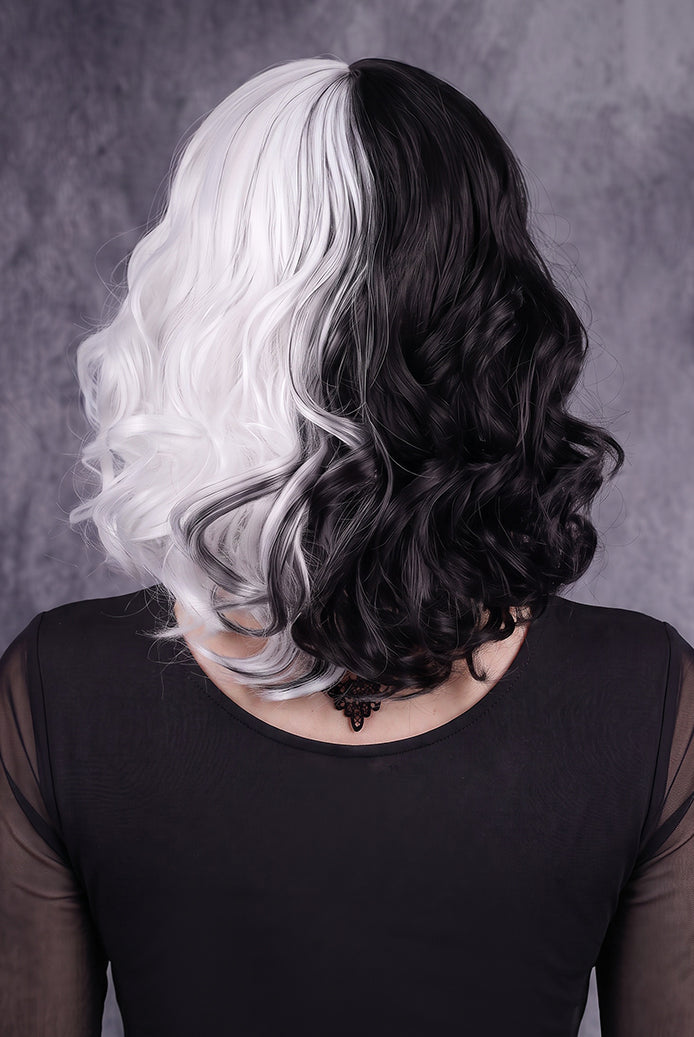 Short Wavy Bob Split Black White Yin Yang Wig - Black and White