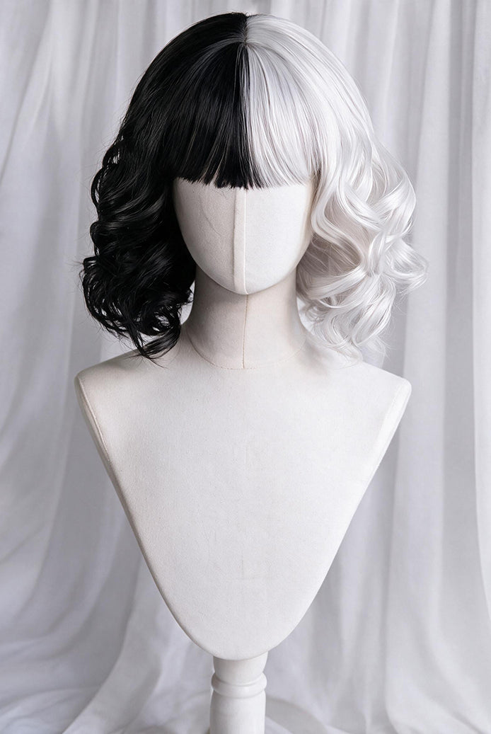 Short Wavy Bob Split Black White Yin Yang Wig - Black and White