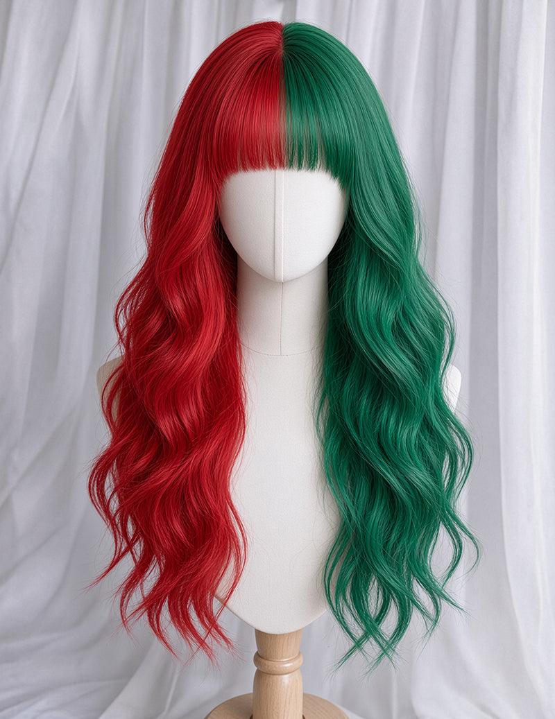 Christmas Half Red Half Green Long Wavy Wig - Red Green