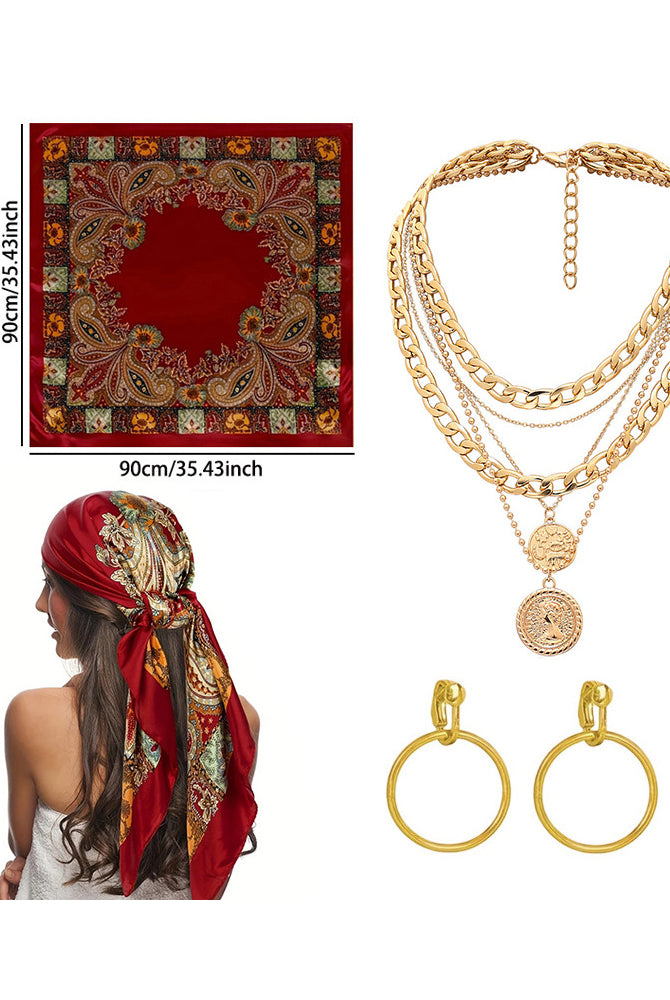 Pirate accessory set: gold-tone layered necklace with coin pendant and hoop earrings