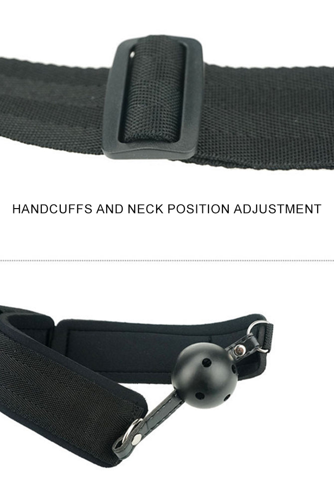 Black adjustable strap set with mouth gag and adjustable handcuffs for intimate sessions
