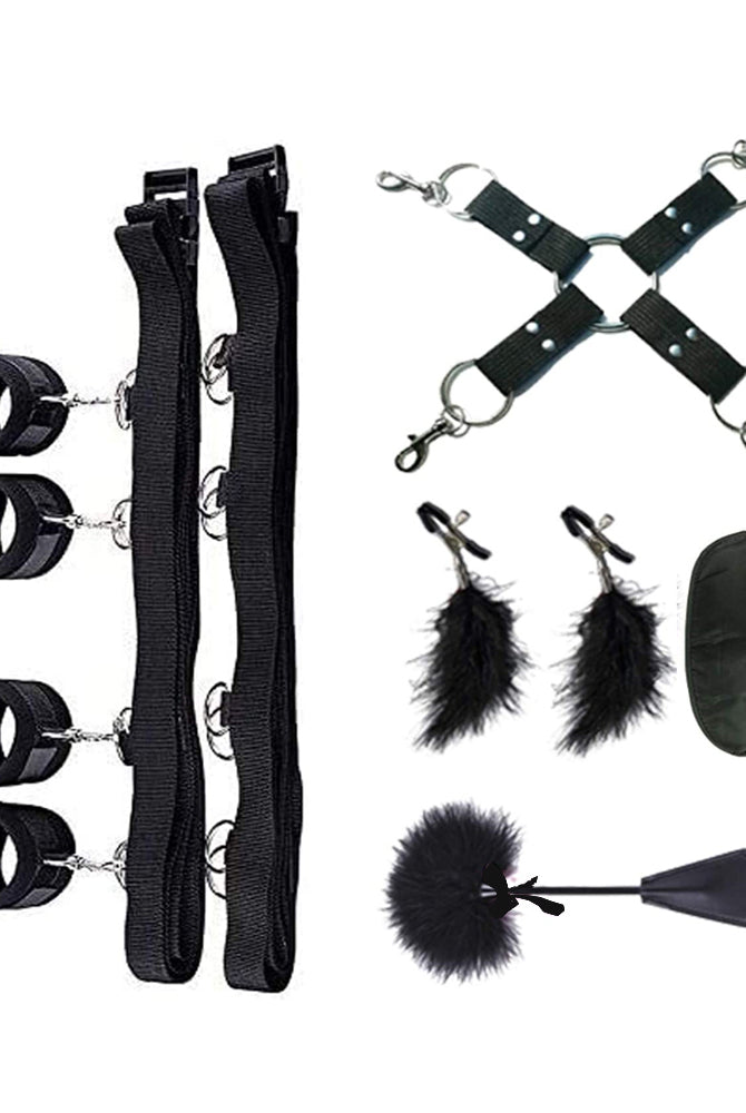 5-Piece SM Bed Restraint Set with Black Leather Restraints and Feather Ticklers