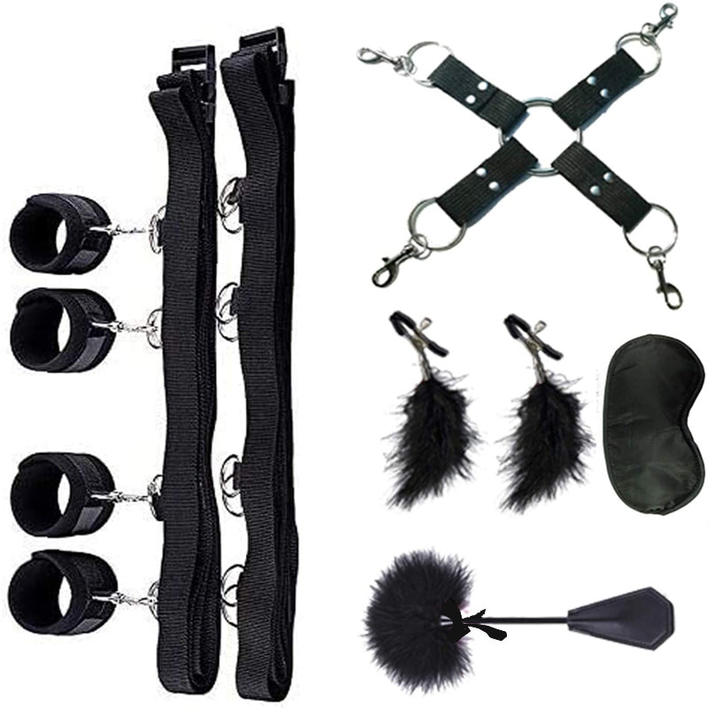 5-Piece SM Bed Restraint Set with Black Leather Restraints and Feather Ticklers