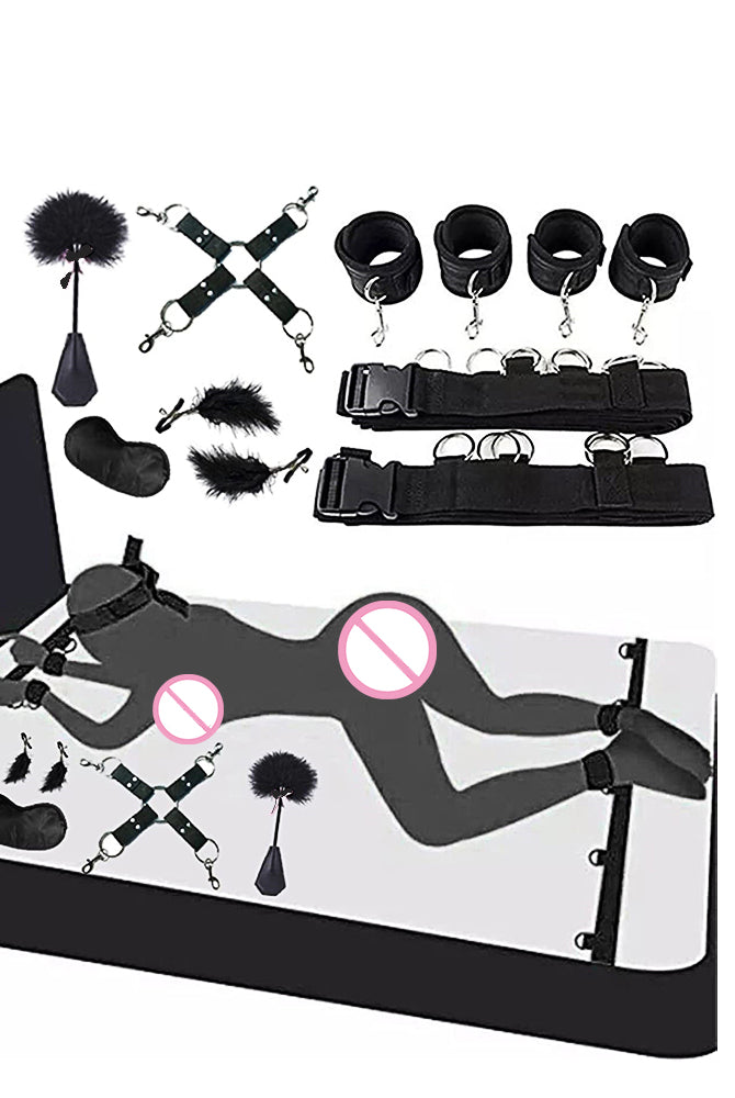 SM Bed Restraint Set: Cuffs, restraints, blindfold, gag, and feather tickler for intimate play.