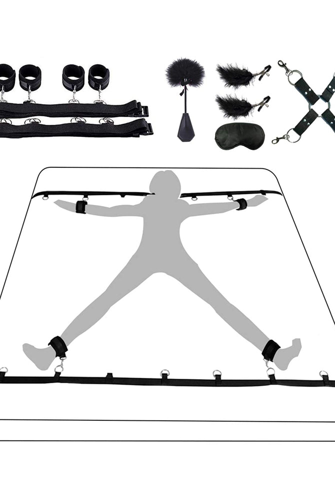SM Bed Restraint Set with cuffs, restraints, blindfold, gag, and feather tickler.
