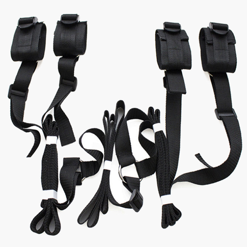 Black SM sex toy restraint band set with adjustable cuffs and straps for intimate exploration.