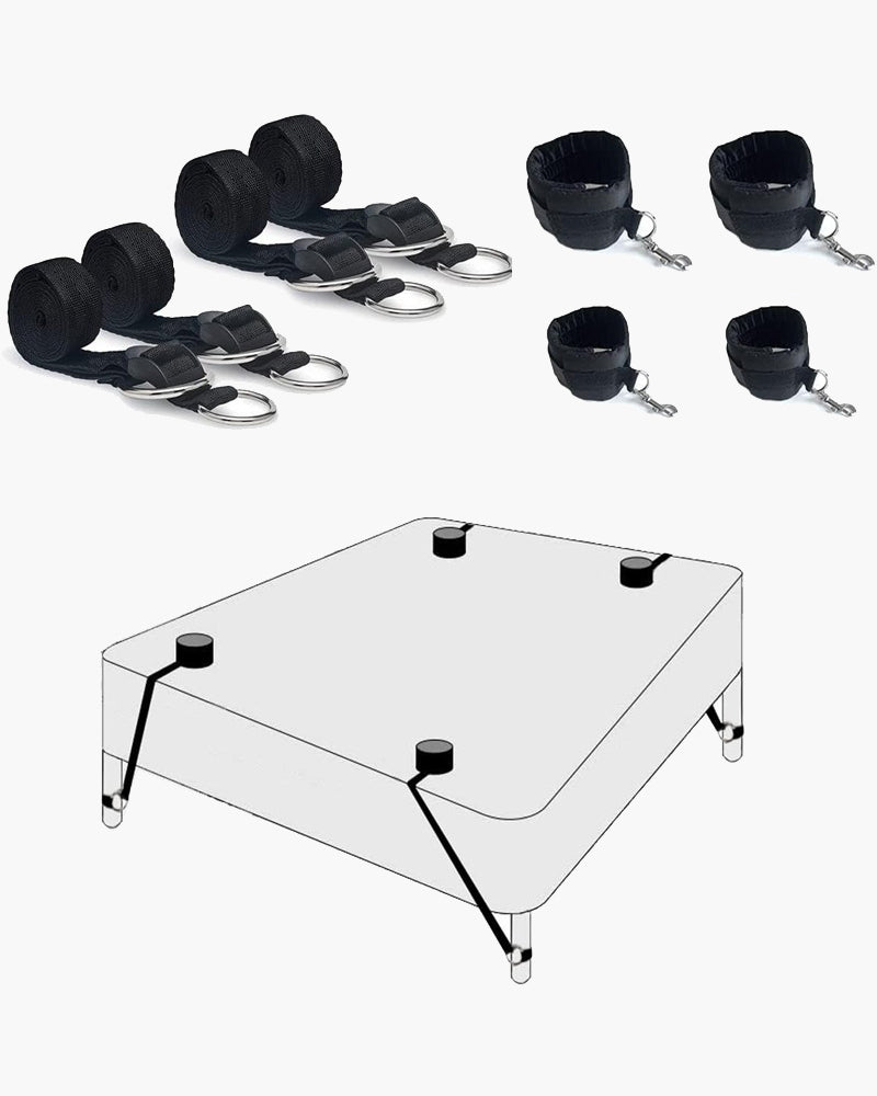 SM Sex Toys Bed Restraint Band set - Black straps, cuffs, and bed setup for intimate play
