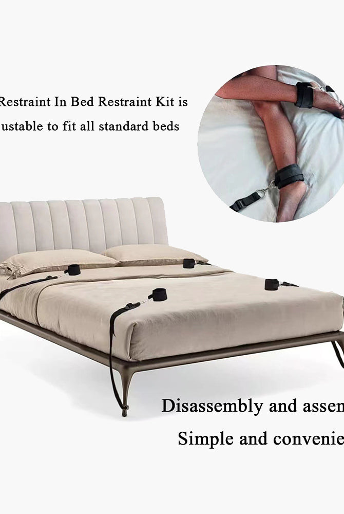 SM bed restraint kit, black straps and cuffs for intimate play, adjustable and secure
