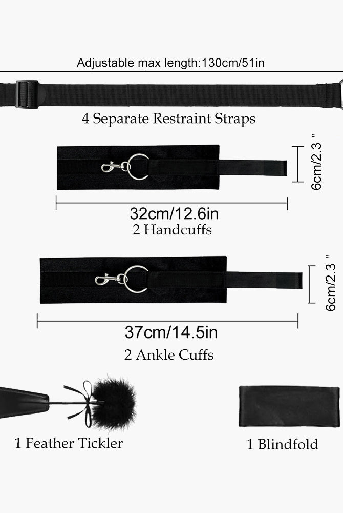 Black SM restraint set: adjustable straps, cuffs, feather tickler, and blindfold for intimate play.