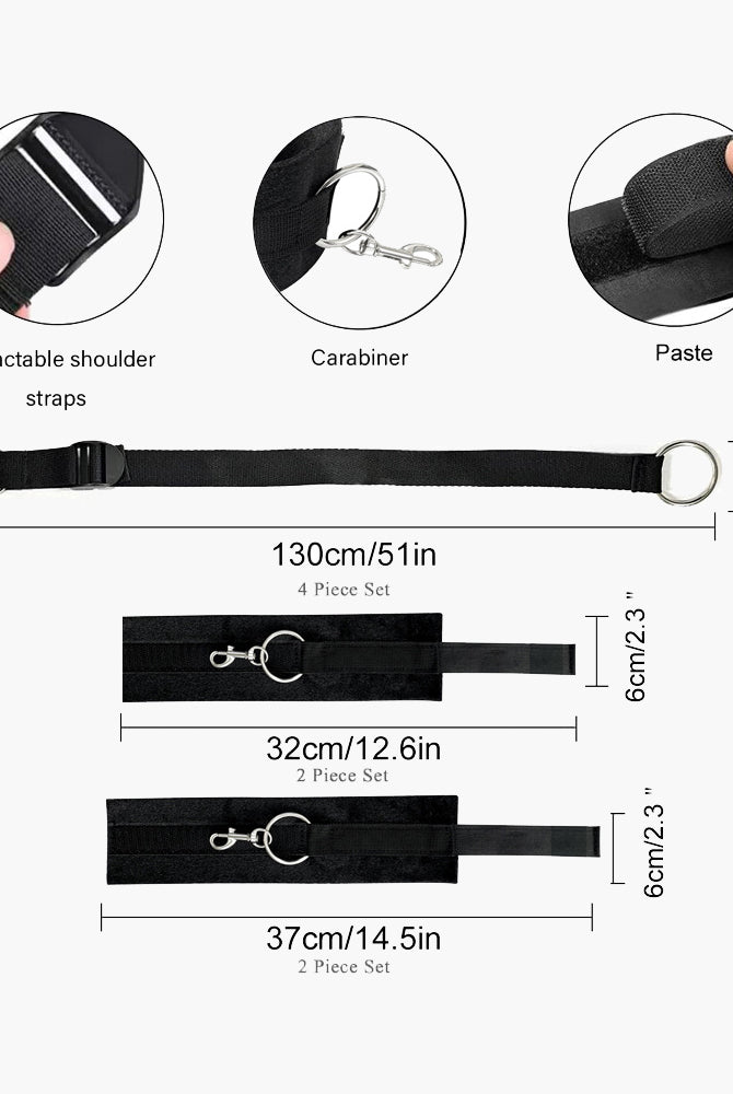 Black SM restraint set with adjustable straps and cuffs for intimate play