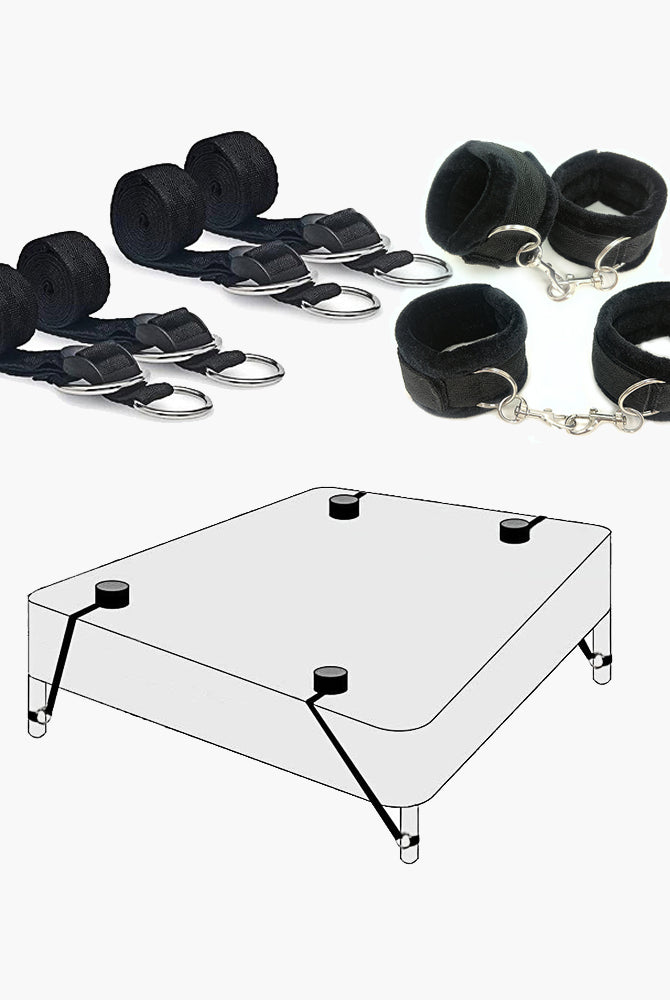 Black SM bed restraint band set with straps, cuffs, and bed setup diagram for intimate play