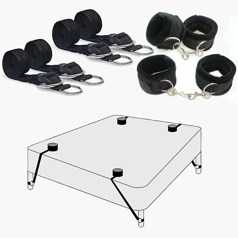 Black SM bed restraint band set with straps, cuffs, and bed setup diagram for intimate play