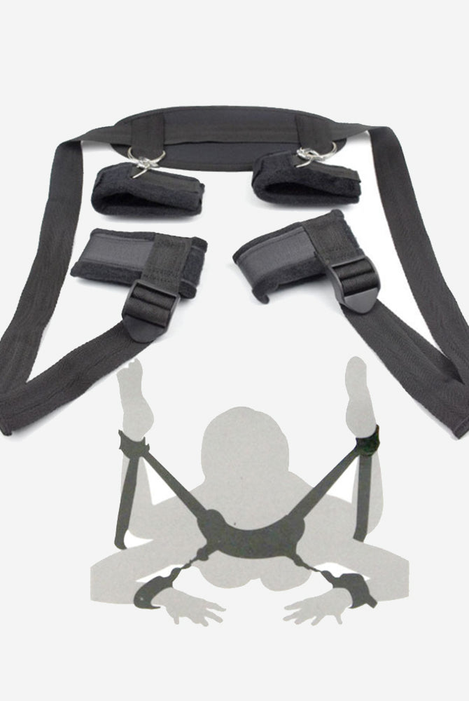 Plush handcuffs and leg-split toy in black with arm restraints and leg-split straps