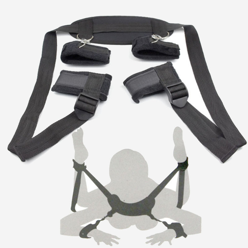 Plush handcuffs and leg-split toy in black with arm restraints and leg-split straps