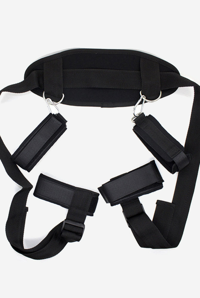 Plush handcuffs and leg-split toy black torso belt with hanging arm cuff straps