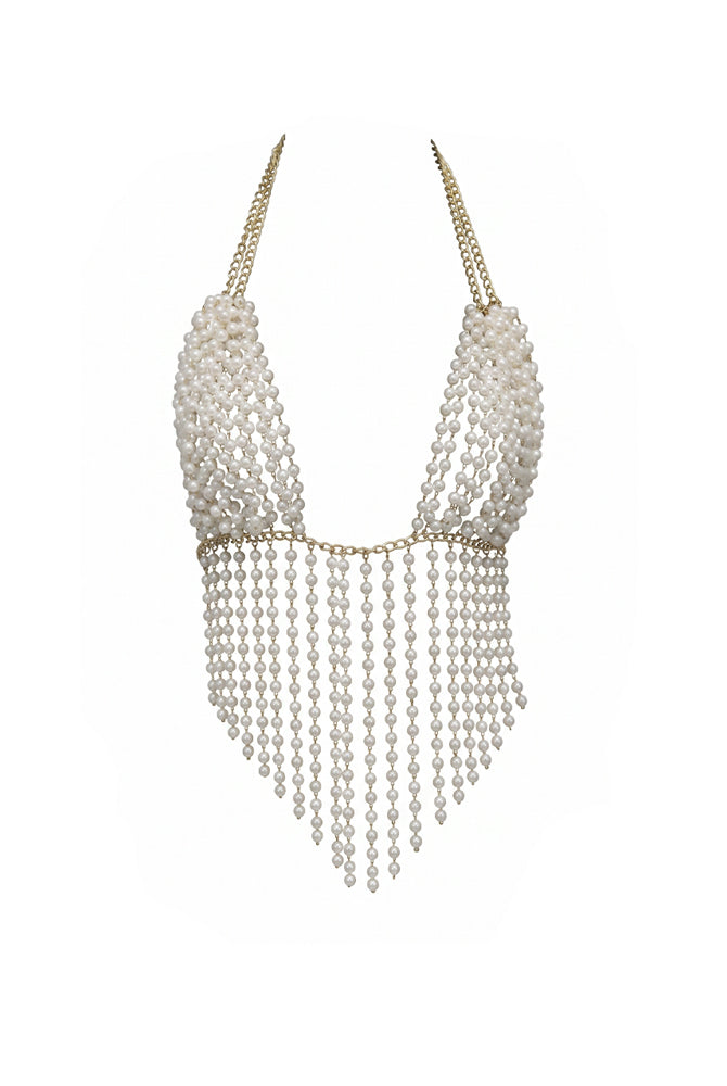 Faux leather low rise booty shorts with beaded fringe necklace, V-shaped