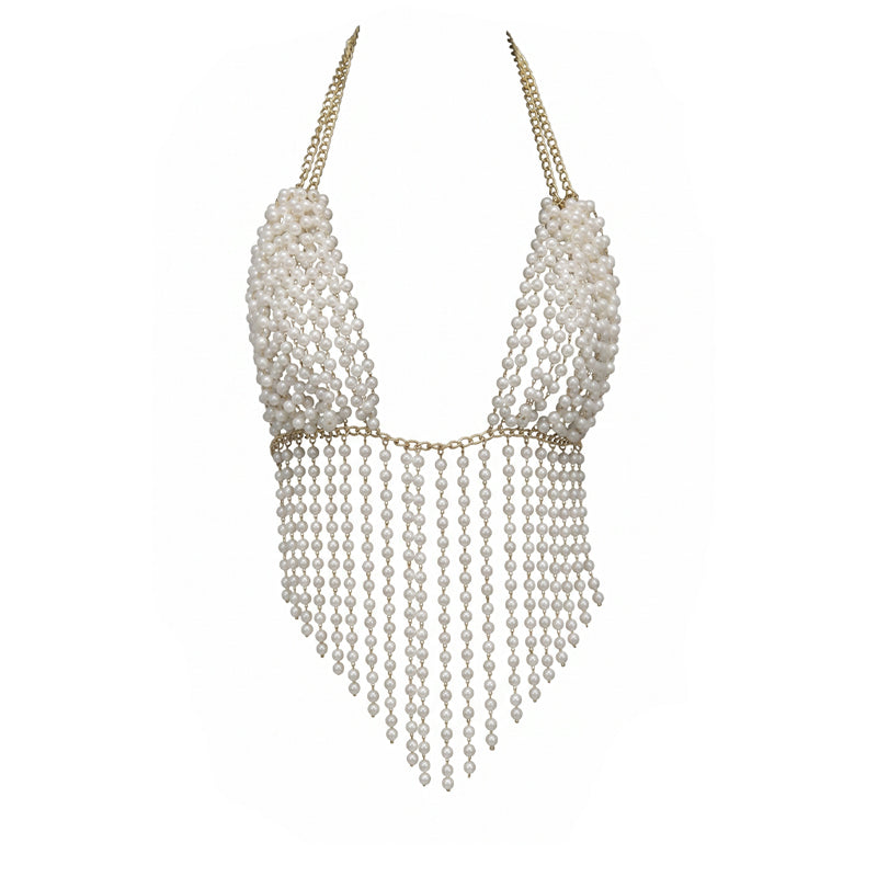 Faux leather low rise booty shorts with beaded fringe necklace, V-shaped