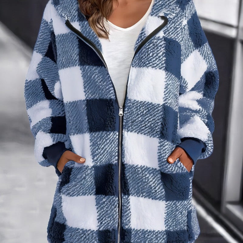 Blue and White Plaid Hoodie Overcoat for Women - Loose Fit with Zipper and Hood