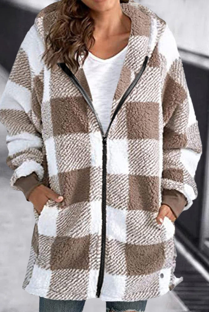 Plaid Hoodie Overcoat for Women - Brown and White Loose Fit with Zipper and Hood