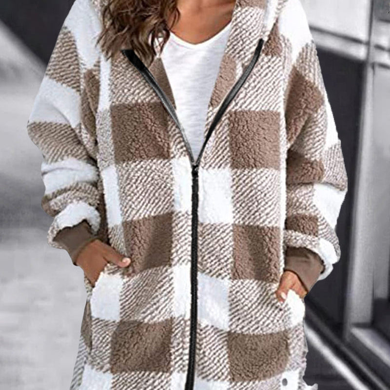 Plaid Hoodie Overcoat for Women - Brown and White Loose Fit with Zipper and Hood