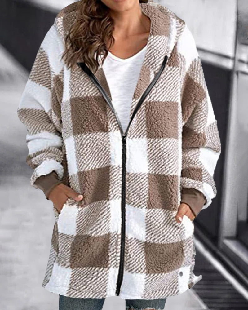 Plaid Hoodie Overcoat for Women - Brown and White Loose Fit with Zipper and Hood