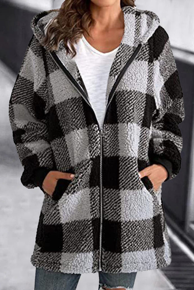 Women's Plaid Hoodie Overcoat - Black and Gray Loose Fit with Zipper and Hood
