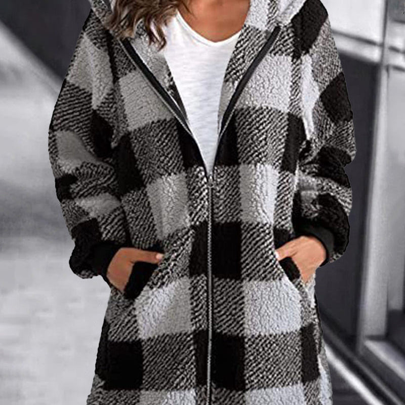 Women's Plaid Hoodie Overcoat - Black and Gray Loose Fit with Zipper and Hood