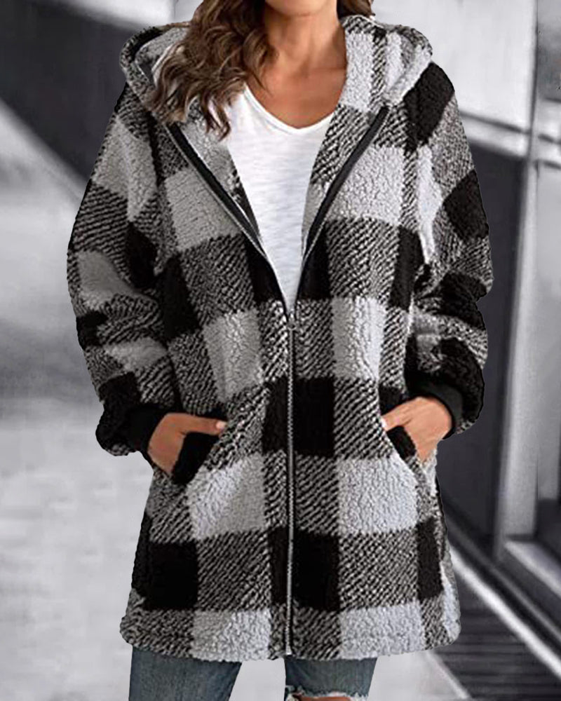 Women's Plaid Hoodie Overcoat - Black and Gray Loose Fit with Zipper and Hood