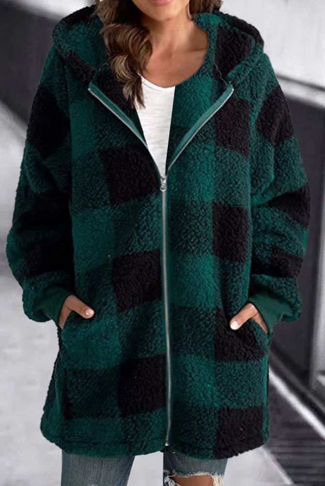 Green and Black Plaid Hoodie Overcoat for Women - Loose Fit with Zipper and Hood