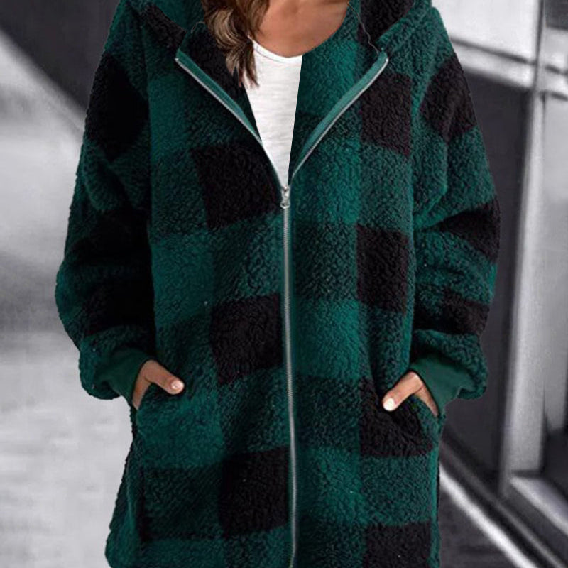 Green and Black Plaid Hoodie Overcoat for Women - Loose Fit with Zipper and Hood