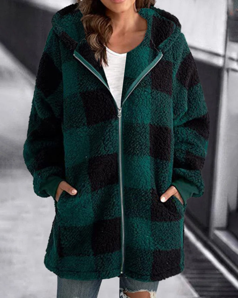 Green and Black Plaid Hoodie Overcoat for Women - Loose Fit with Zipper and Hood