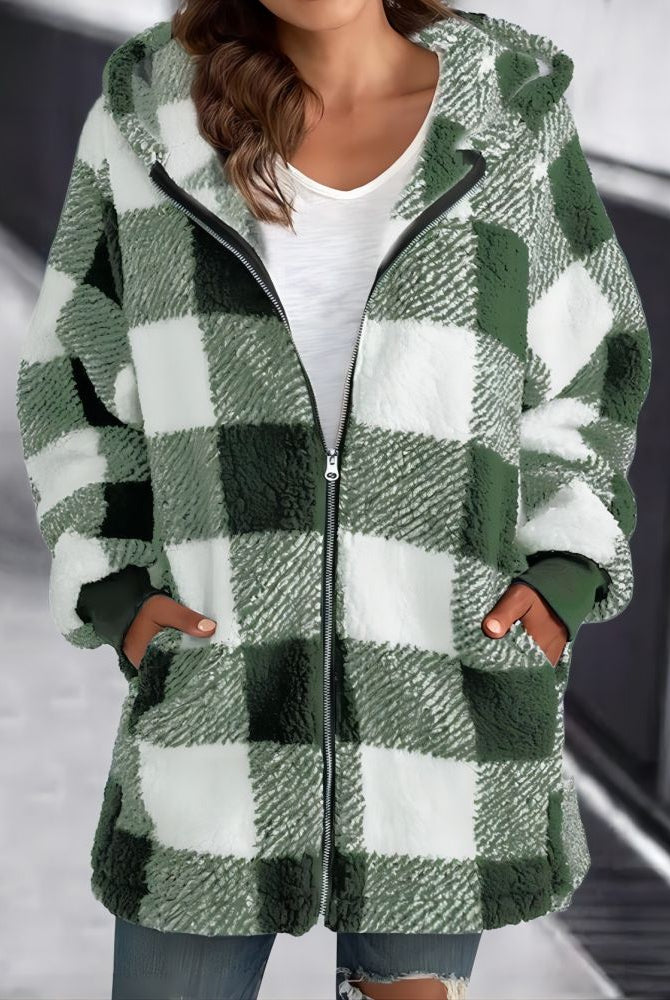 Green and White Plaid Hoodie Overcoat for Women - Loose Fit with Zipper and Hood