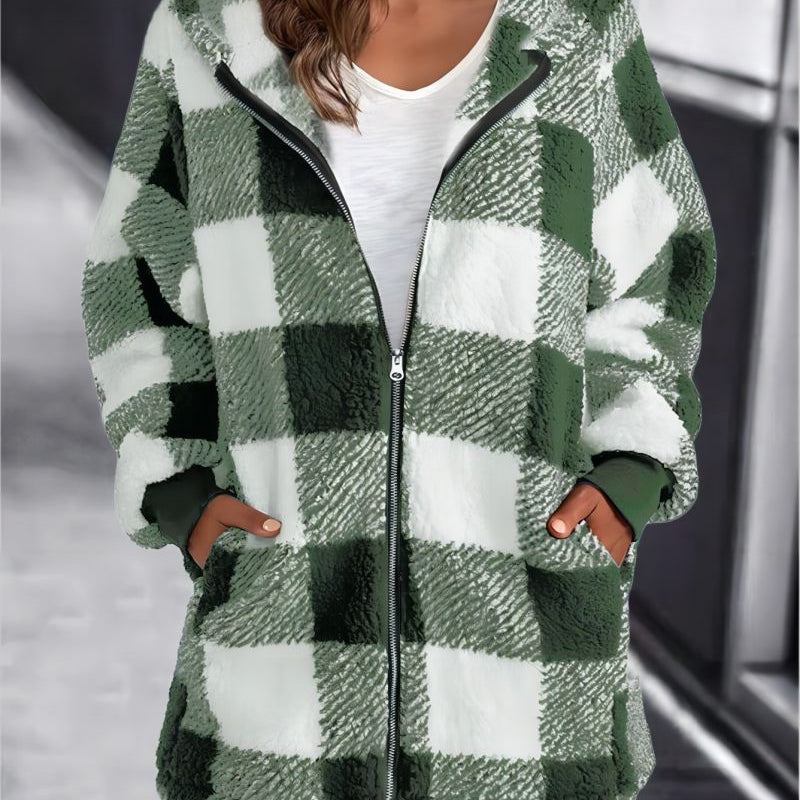 Green and White Plaid Hoodie Overcoat for Women - Loose Fit with Zipper and Hood