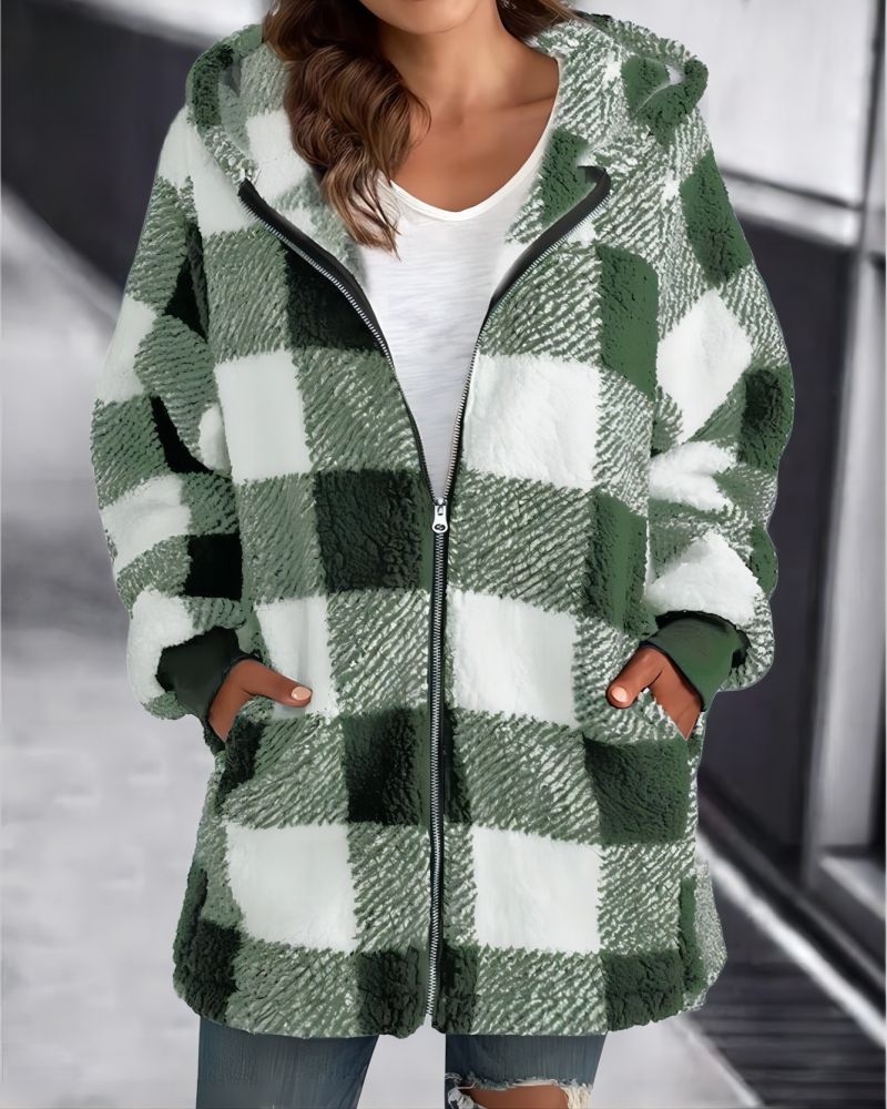 Green and White Plaid Hoodie Overcoat for Women - Loose Fit with Zipper and Hood