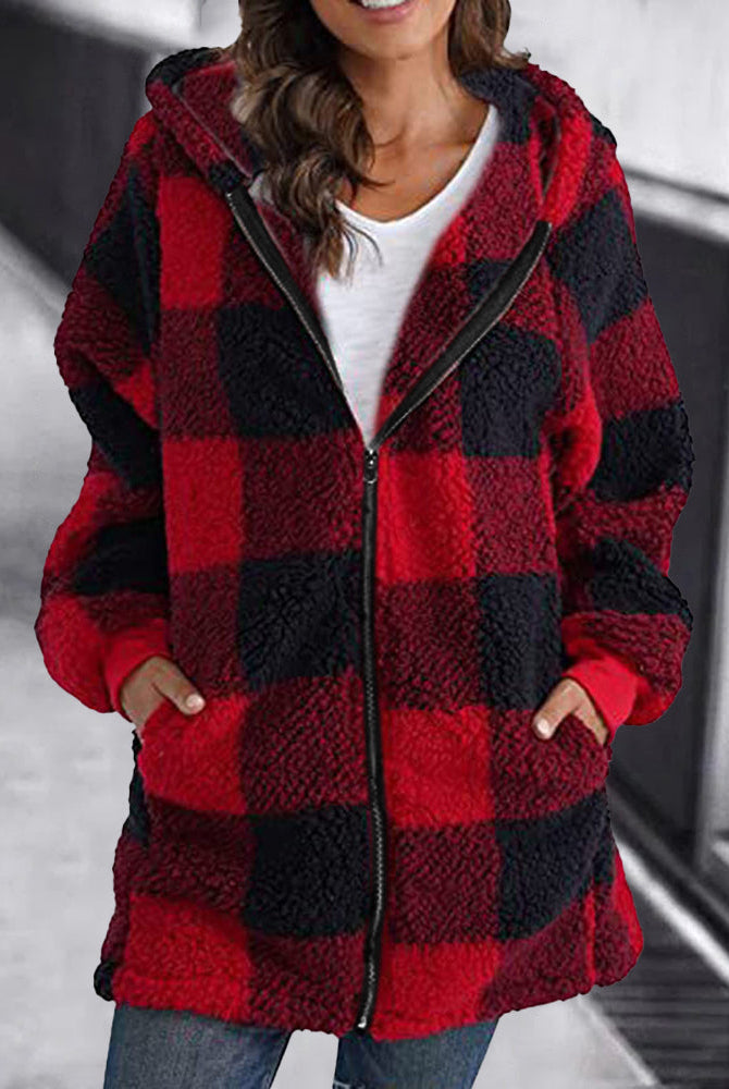 Red and Black Plaid Hoodie Overcoat for Women with Zipper and Hood