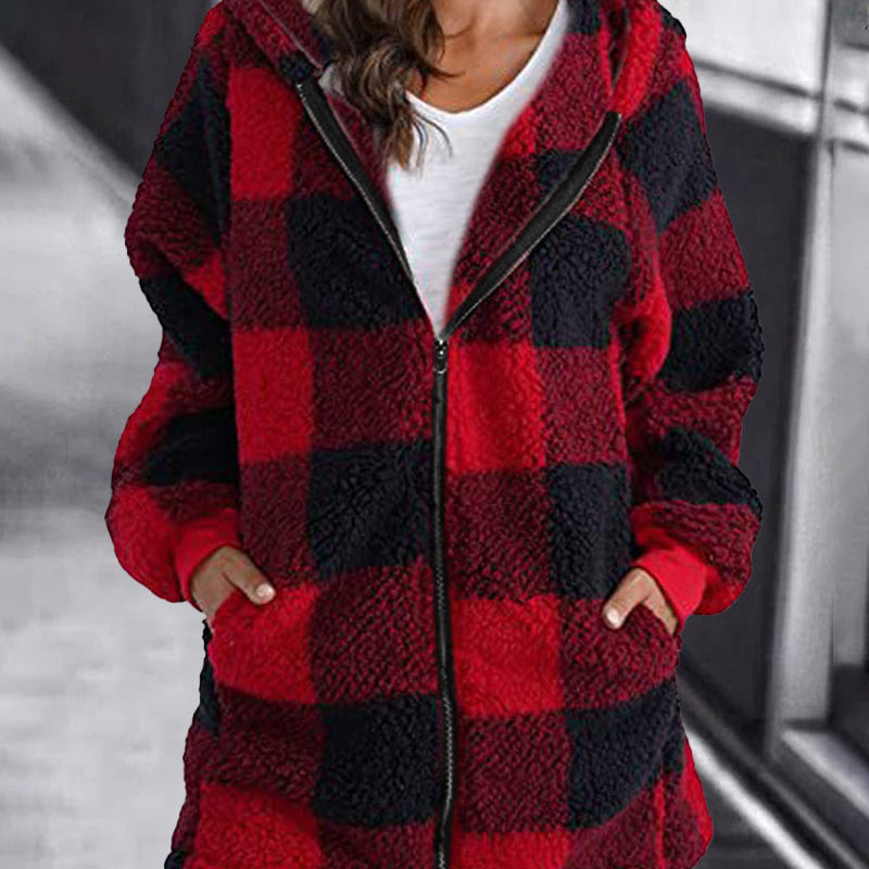 Red and Black Plaid Hoodie Overcoat for Women with Zipper and Hood