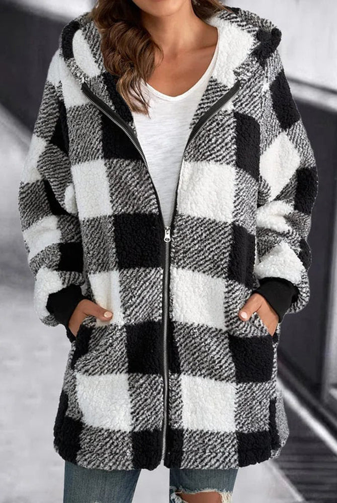 Women's Plaid Hoodie Overcoat - Black and White Loose Fit with Zipper and Hood