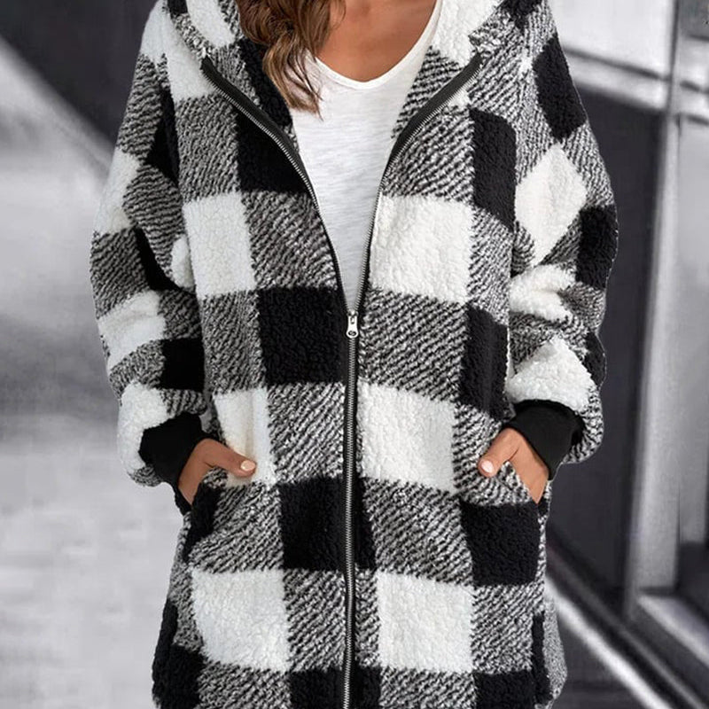 Women's Plaid Hoodie Overcoat - Black and White Loose Fit with Zipper and Hood