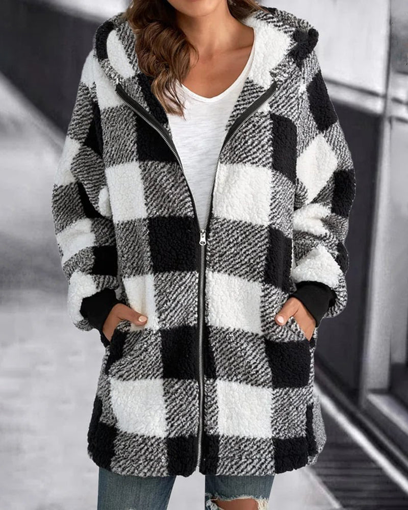 Women's Plaid Hoodie Overcoat - Black and White Loose Fit with Zipper and Hood