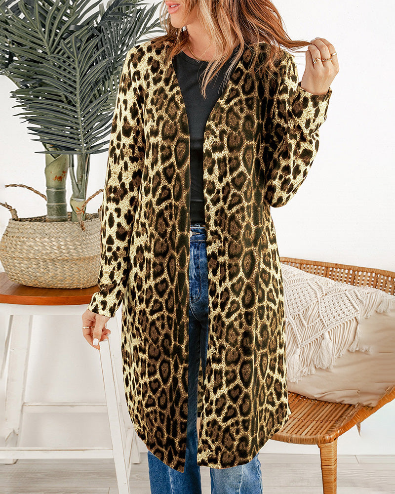 Open front leopard print cardigan, casual style, perfect for layering. Available in multiple sizes.