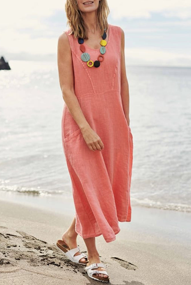 Coral sleeveless linen dress with pockets, perfect for vacation on the beach, vacation dress