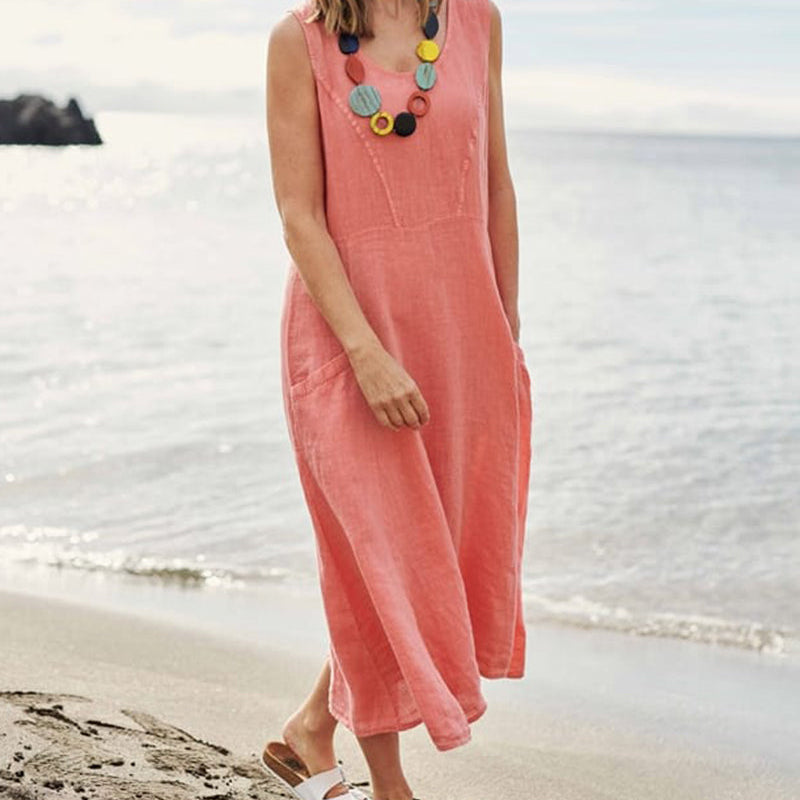 Coral sleeveless linen dress with pockets, perfect for vacation on the beach, vacation dress